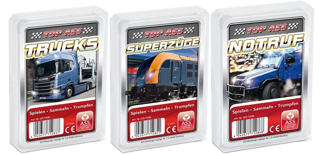 ASS Altenburger Set of 3 Quartet Games/Quartet Vehicle World Consisting of 1. Top Trucks - 2. Top Emergency Call - 3rd Top Super Trains