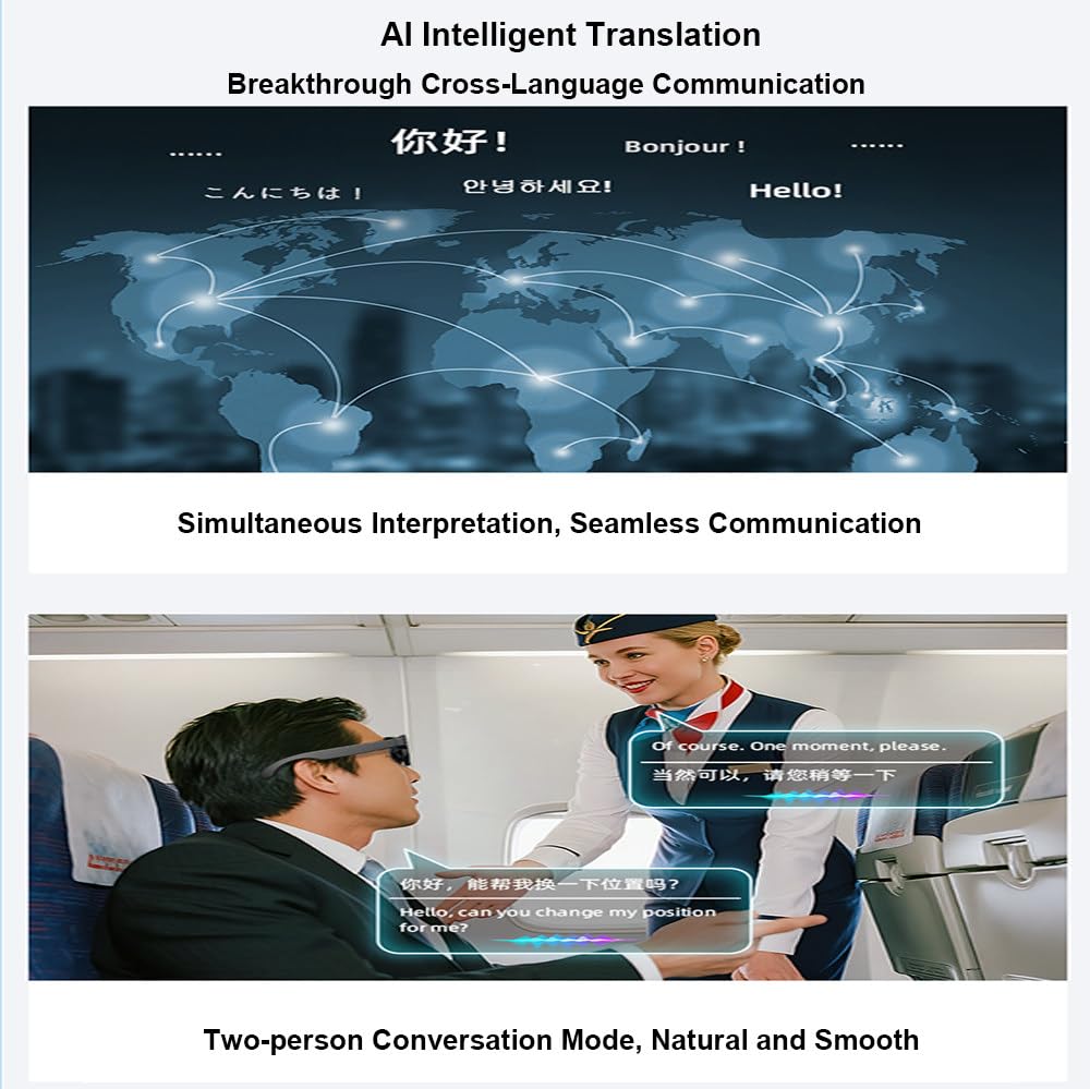 Occhiali Intelligenti con Intelligenza Artificiale E Fotocamera, Pixel da 800W, Foto E Video, Dialogo Ai, Riconoscimento Oggetti, Controllo Touch, Oltre 100 Traduzioni, per Viaggi E Guida B
