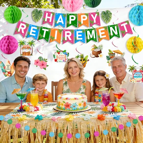 Image of Luau Hawaiian Retirement Party Decorations for Men Women Tropical Happy Retirement Banner Honeycomb Balls Hanging Swirl Circle Dots Garland Beach Summer Retirement Party Supplies
