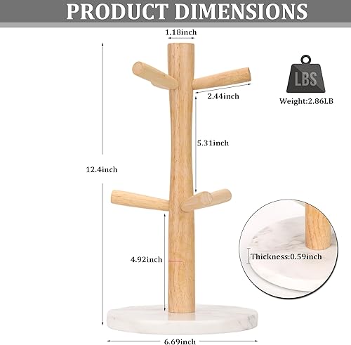 Miniatura 4 de WORHE Soporte para tazas con base de mármol con 6 ganchos, organizador de tazas de café para encimera, soporte redondo para colgar tazas para