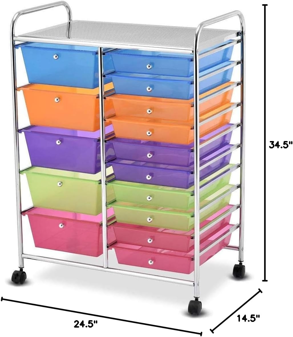 SPSUPE 15-Drawer Multipurpose Rolling Storage Cart, Utility Cart with 4 Universal Wheels, Tools Scrapbook Paper Organizer, Ideal for Office School (Multicolor)