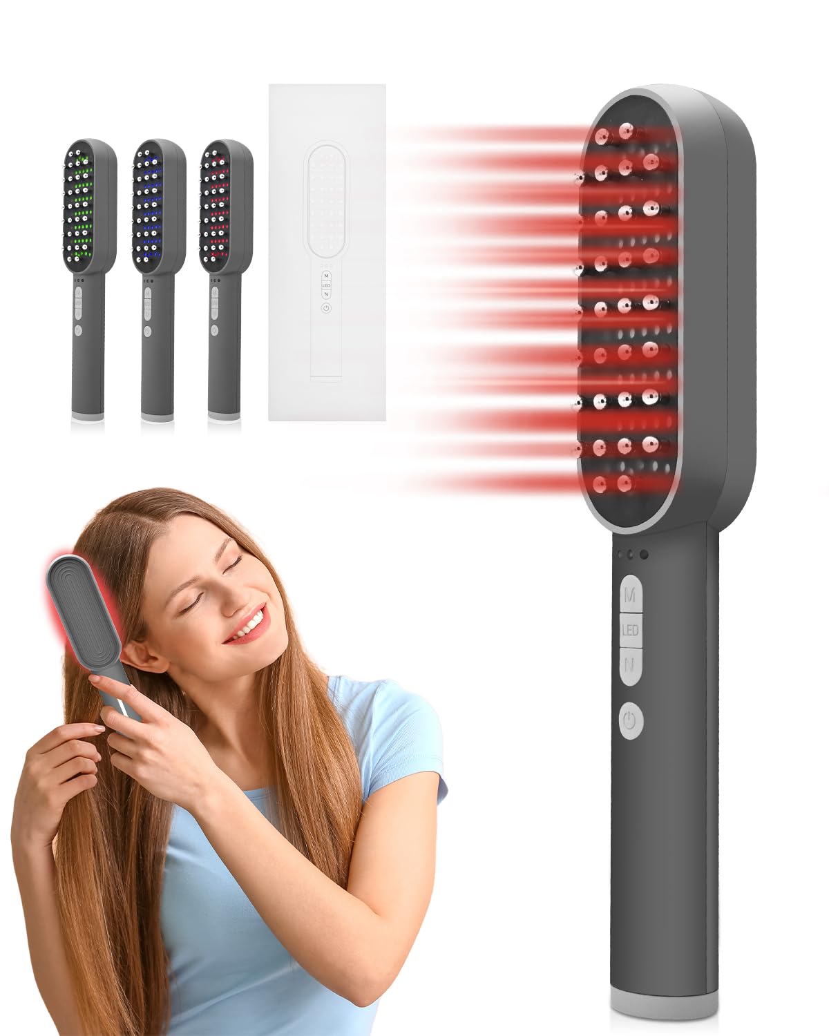 Spazzola Fototerapia Crescita Capelli 4 in 1, Cura Cuoio Capelluto con Luce LLLT 630nm 460nm 850nm, RF EMS ION, Pettine Laser per Ricrescita Capelli