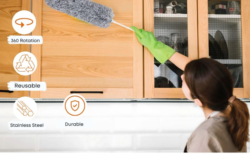 Image of BKDT Marketing 2025 Upgraded Long Handle Microfiber Feather Duster Extendable Pole 30-100 inch, Anti Scratch Bendable Washable Brush for Ceiling Fan, Cobweb, Roofs, Walls, Window, Grill, Blinds etc