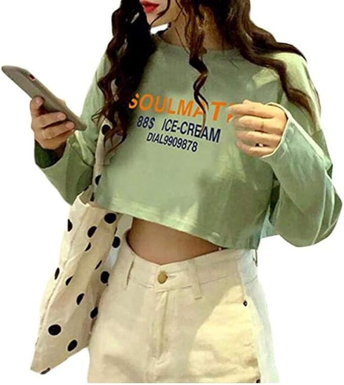 Amazon Taishan レディース Tシャツ 長袖 カットソー ゆったり ショート丈 トップス へそ出し セクシー ファッション ロンカジュアル 原宿系 ダンス 春 通勤 出掛け ストリ グリーン F Tシャツ カットソー 通販