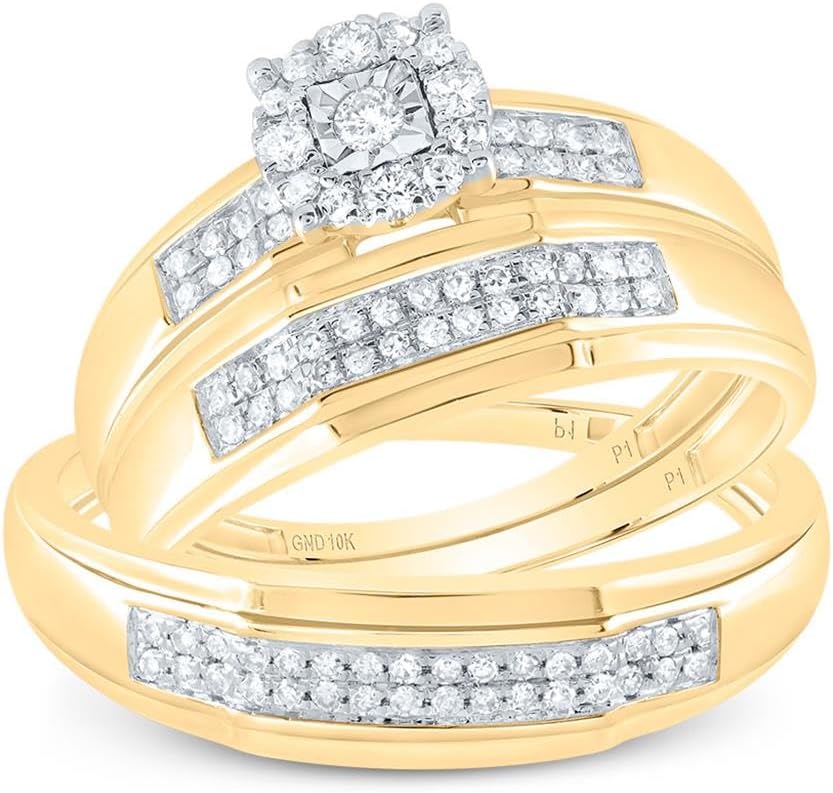 10kt Yellow Gold Trio His & Hers Round Diamond Halo Matching Bridal Wedding Ring Band Set 1/3 Cttw