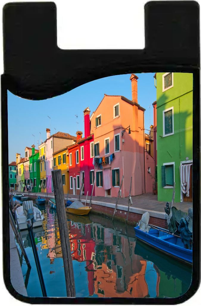 Island Gifting Neoprene Stick-on ID Card Holder for iPhone/Galaxy/Google Android Cases Featuring Image of Colorful Houses in Venice Burano Island in Italy