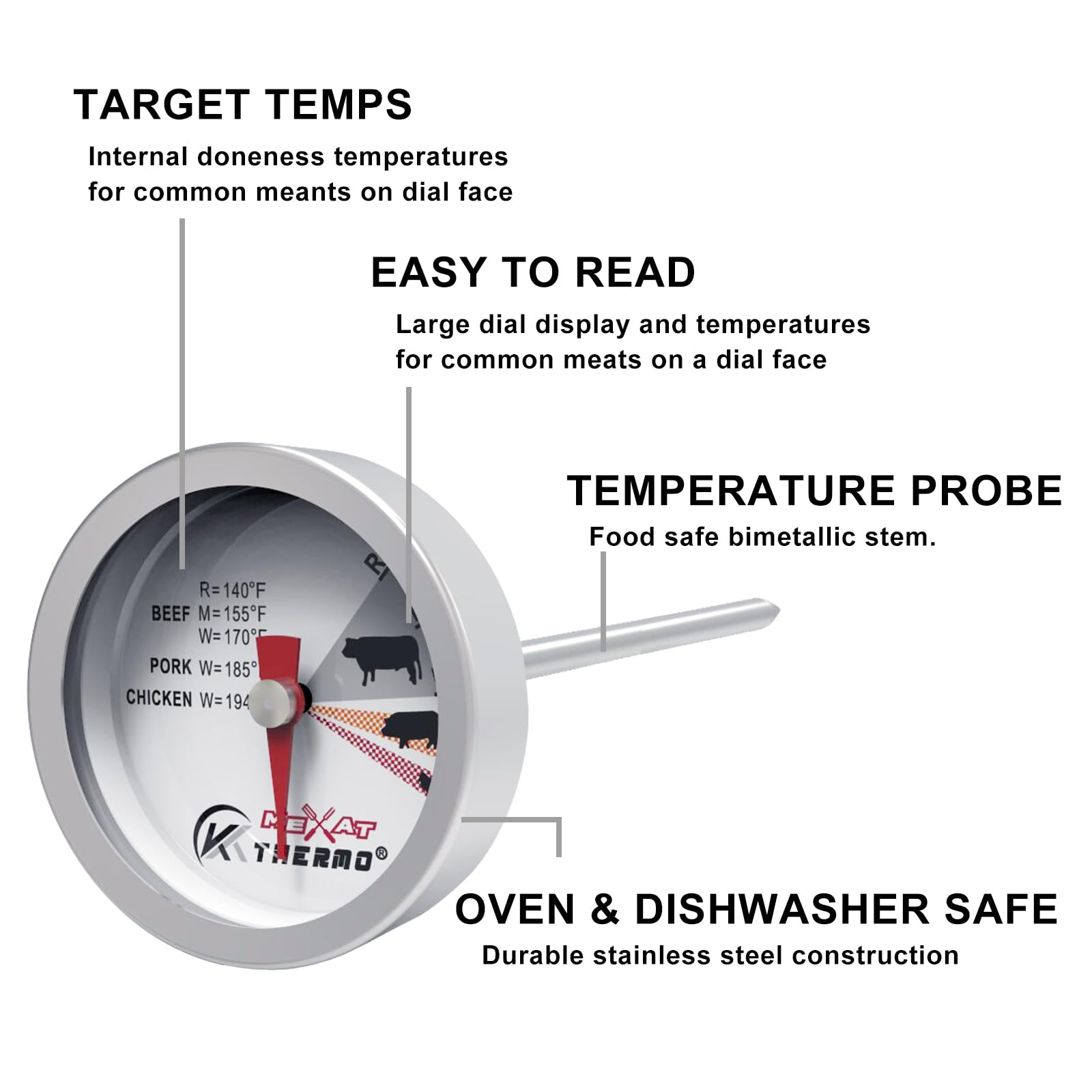 KT THERMO Steak Thermometer, Poultry Chichen Meat BBQ Grill in Oven, Instant Read, Mini Button Prob,Washable, 2pcs Set