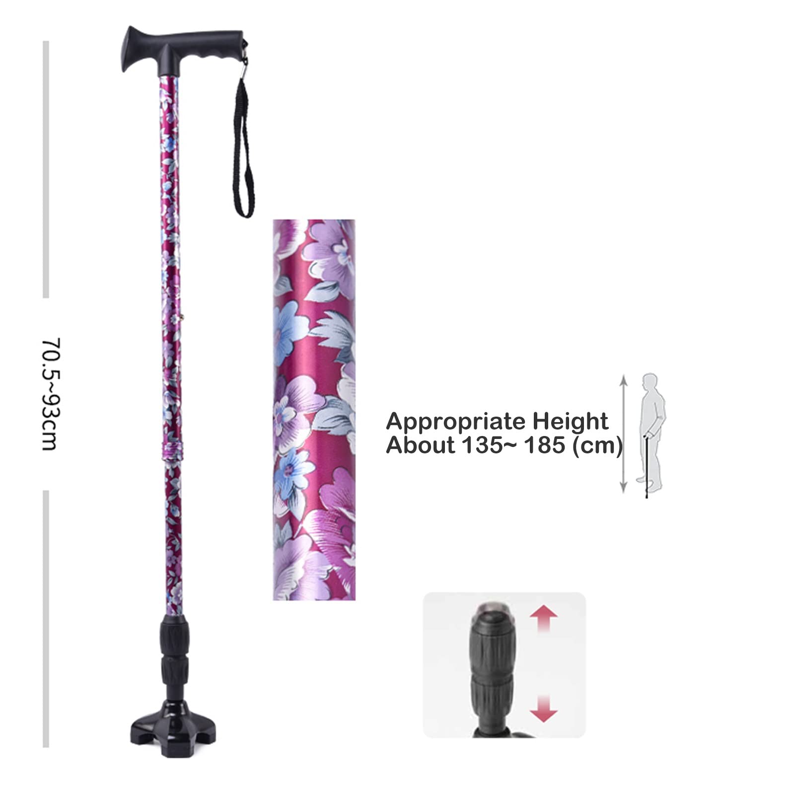 Bastones para Caminar para Mujeres, Bastón de Aluminio Ajustable con Diseño Floral Elegante para Hombres/Personas Mayores, Regulable en 10 Medidas