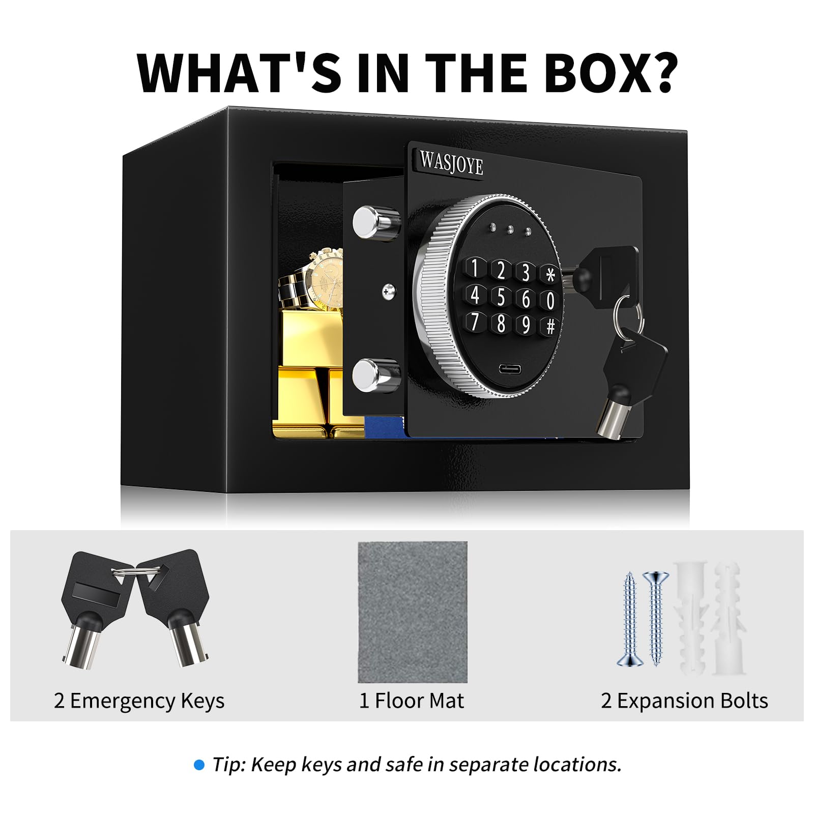 WASJOYE Mini Safe Tresor MöBeltresor Klein,6.8L Mini Tresor mit Schlüssel,Tresor Kinder mit Zahlenschloss,Elektronisch kleiner Tresor für Zuhause für Zuhause Ausweise Geld Wertsachen Bargeld