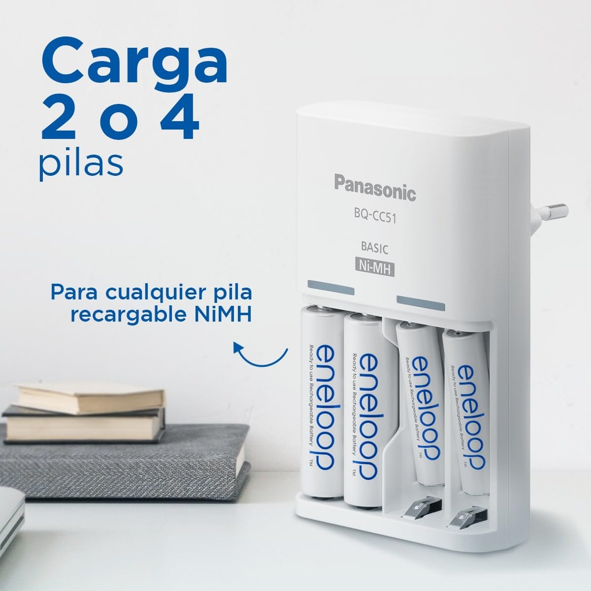 eneloop Basic. Cargador para 2 o 4 pilas AA/AAA Ni-MH con 4 pilas eneloop AAA/Micro de capacidad mejorada y 6 nuevas funciones de seguridad.