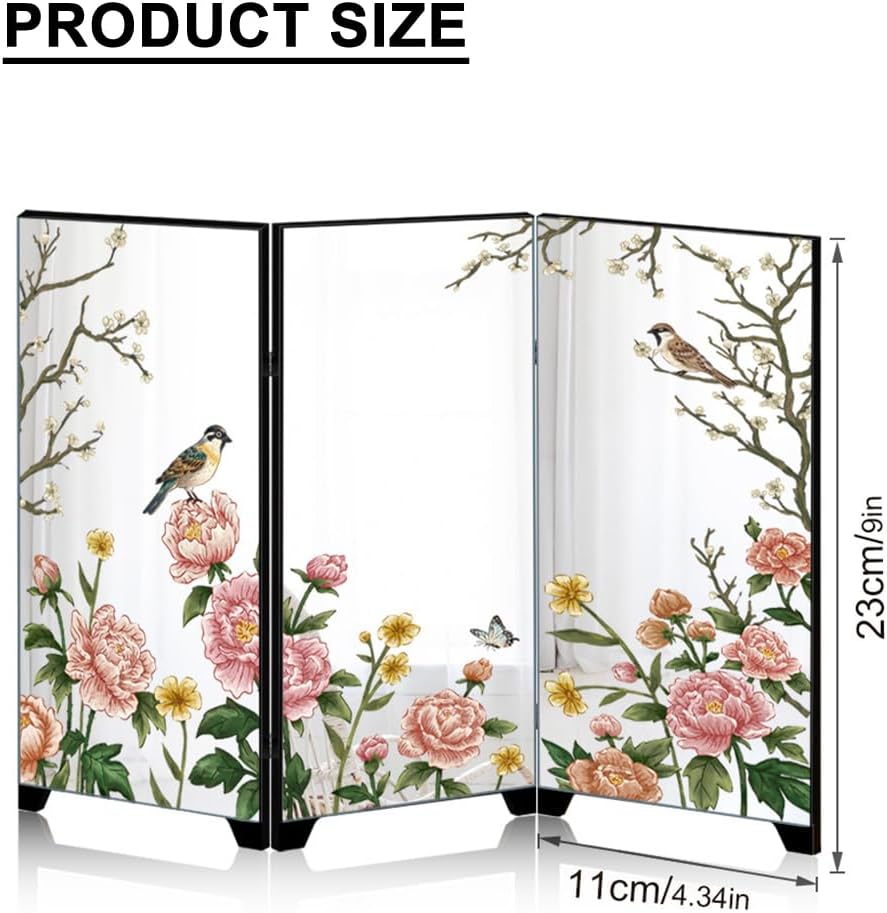 Mini Folding Screen, 3 Panel Divider, Chinese Style Vintage Desktop Mirror Privacy Shield Tabletop Feng Shui Ornaments for Home Office Decoration
