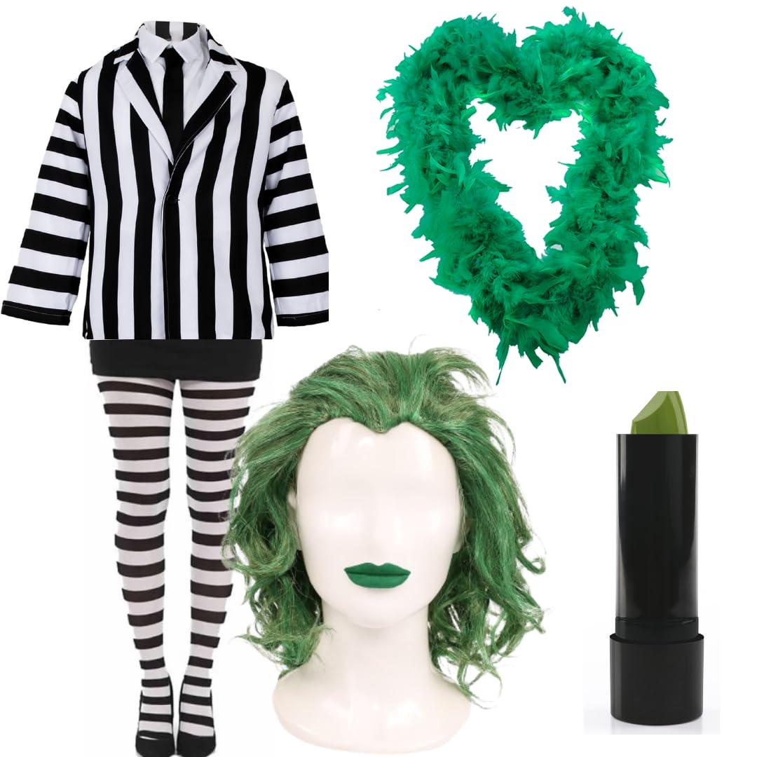 Gestreifte Anzugjacke für Damen, grüne Perücke, grüne Federboa und grüner Lippenstift, gruseliges Faschingskostüm für Halloween, Mottopartys, Kostümveranstaltungen, Spukpartys, Cosplay