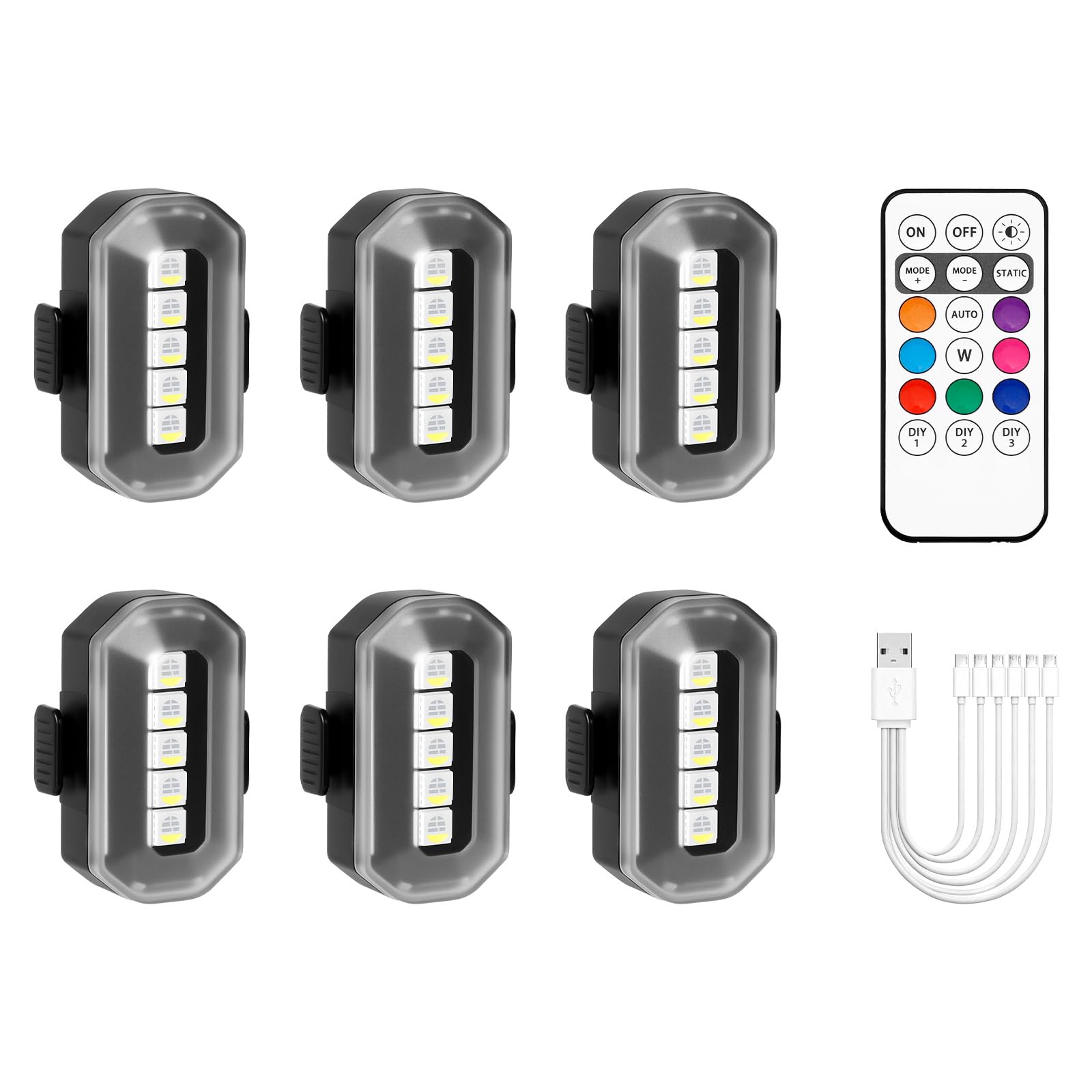 Photo 1 of Upgraded 6PCS Wireless Strobe Lights for Car Motorcycle Bike Remote Bright 5 LEDs Anti Collision Lighting USB-C Rechargeable RGB Mini Exterior Warning Flashing Interior Ambient Light IP67 Waterproof