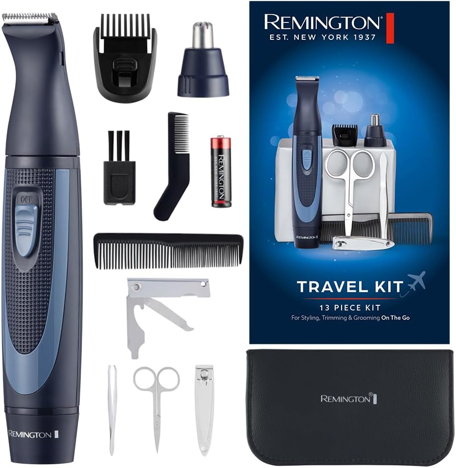 Remington Hygiene Travel Kit with Case (13 Pieces for Hair, Manicure, Pedicure etc., Beard Trimmer, Ear Hair, Facial Hair & Eyebrow Trimmer, Nail Clipper, Scissors, Tweezers, 2 Combs etc.) NE3890