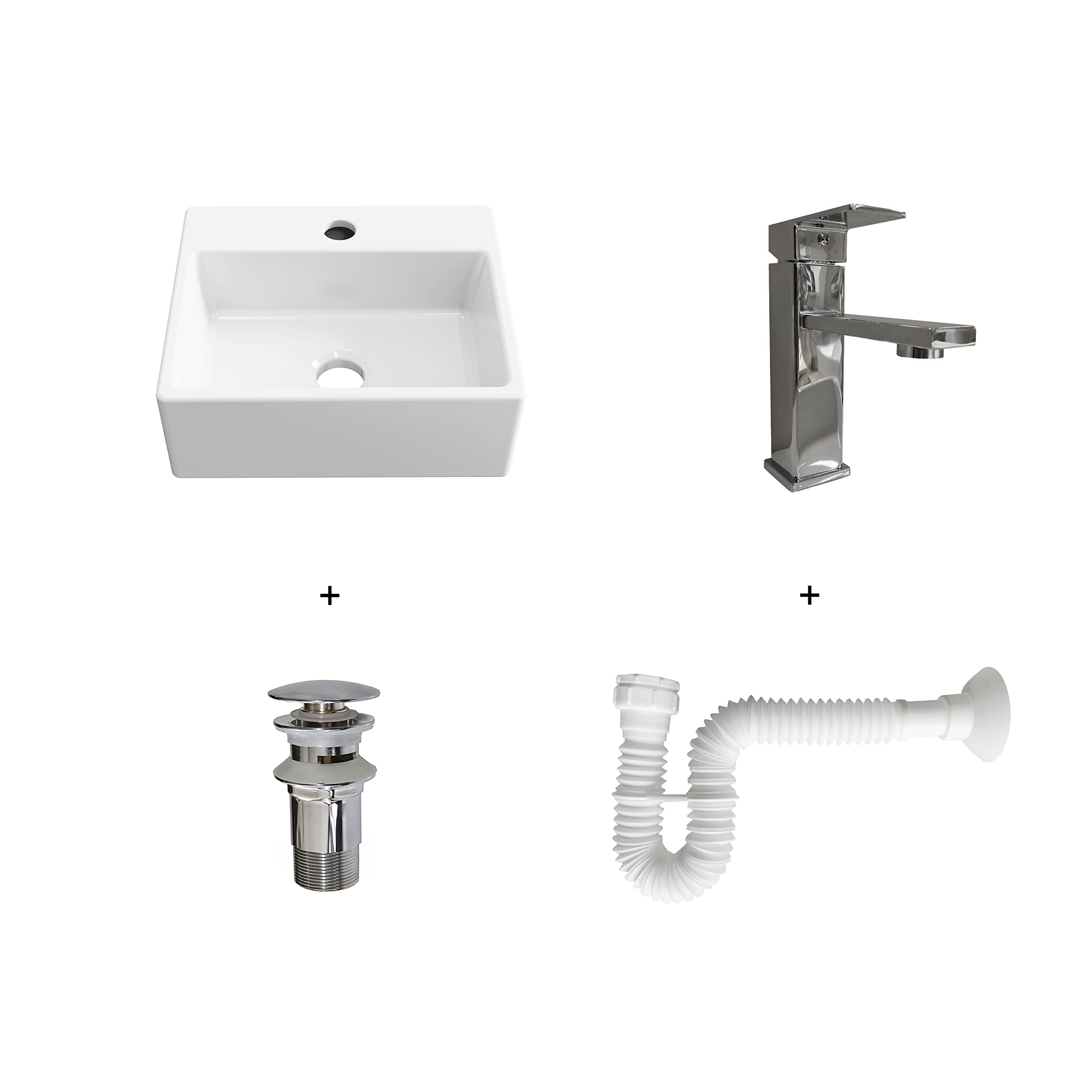 BAIKAL Pack solución para baño con lavabo y complementos. Incluye: lavabo cerámico, Grifo, Sifón extensible y Válvula de desagüe con rebosadero. Fácil instalación, se incluyen las instrucciones
