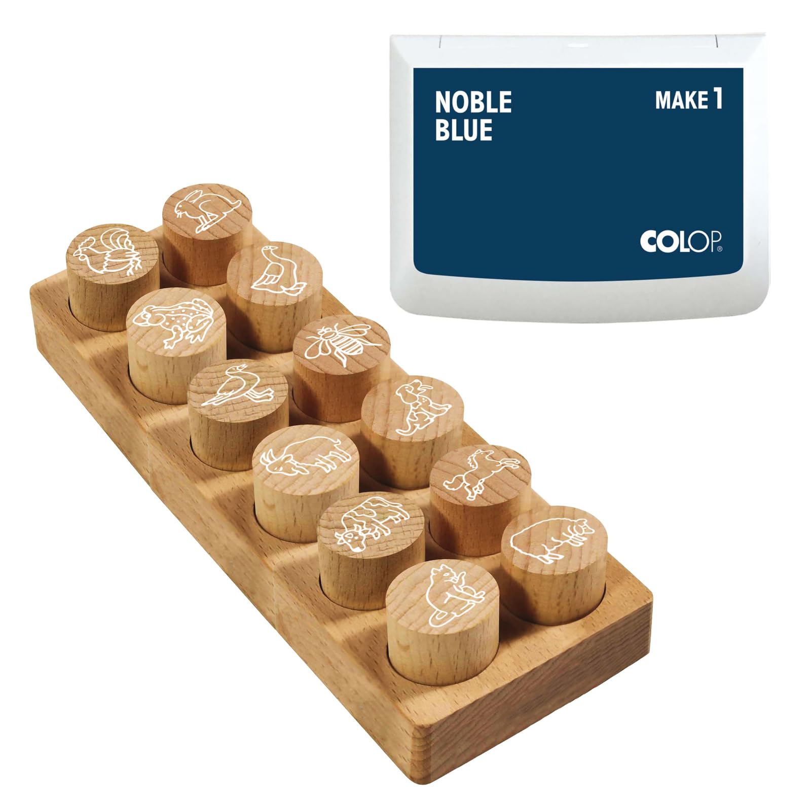 Set di timbri in legno COLOP Woodies "Animali della fattoria" con 12 motivi, timbro di riconoscimento e motivazionale in legno di faggio, Ø 29 mm, incl. 1 tampone d'inchiostro, blu, 50 x 90 mm