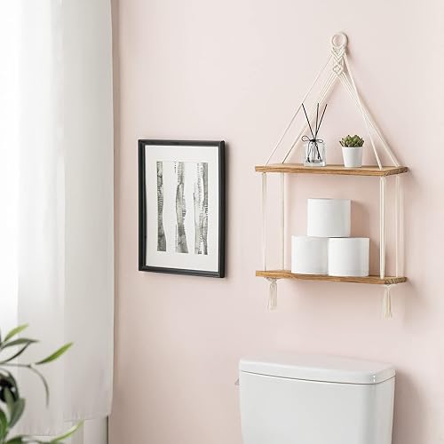 Miniatura 3 de Mkono Estante colgante de pared de macramé, estantes flotantes de madera de 3 niveles y cuerda de algodón hecha a mano de 2 niveles, estantes