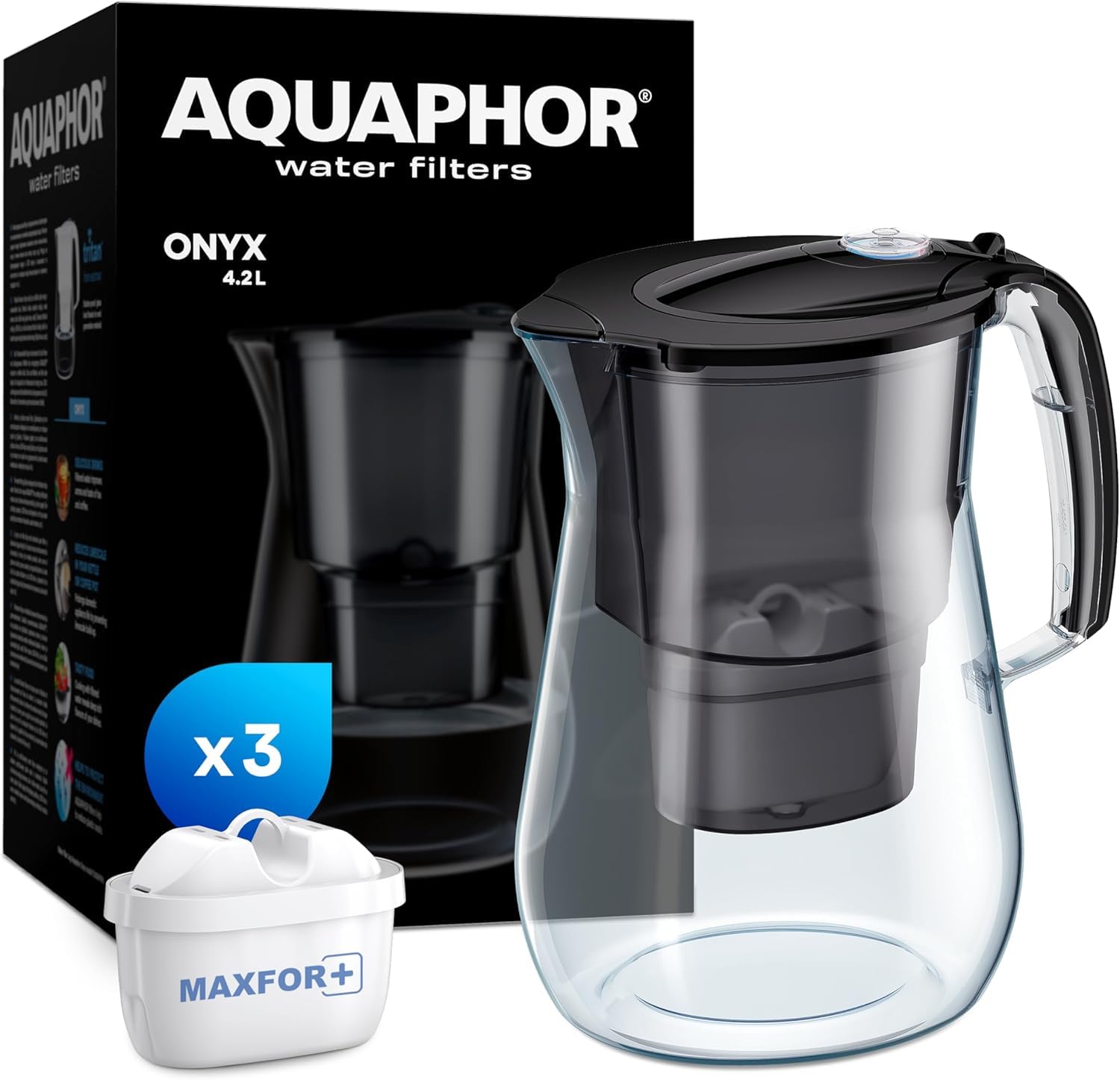 AQUAPHOR Onyx Black Water Filter Jug - Counter Top Design with 4 2L Capacity 3 X MAXFOR Filters
