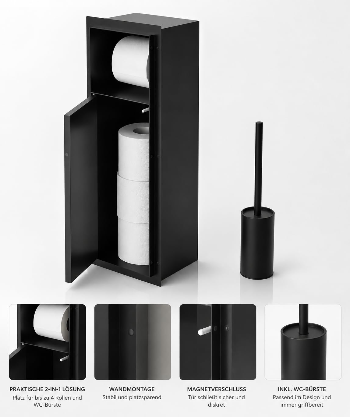 Easy Act Portarrollos de papel higiénico empotrado con escobilla, 60 x 20 x 14 cm, módulo de inodoro de acero inoxidable, color negro mate, puerta push-to-abierta