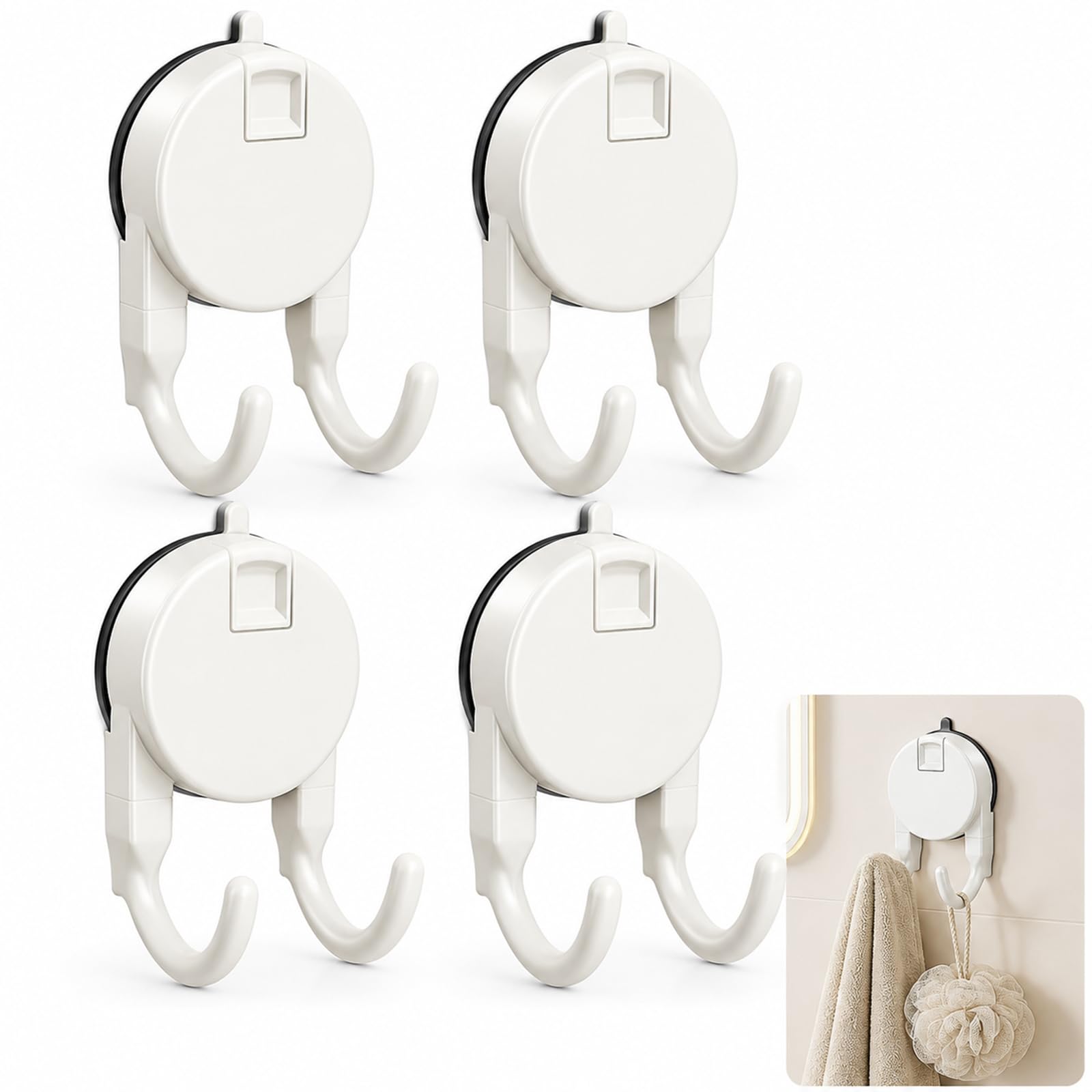 4PCS Double Suction Cup Hooks, Heavy Duty No Drilling Self Adhesive Hooks