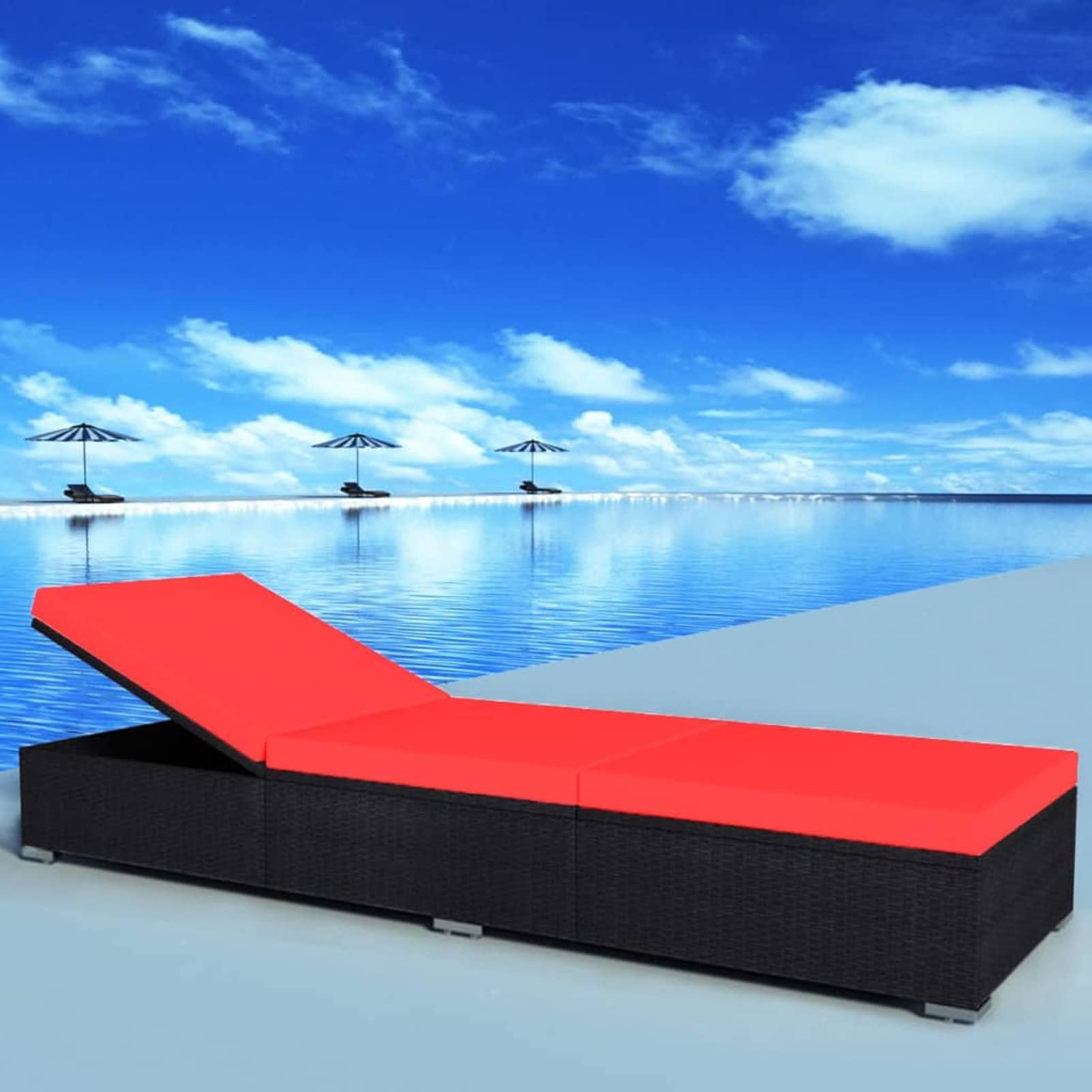Homgoday Chaise Longue avec Coussin Résine Tressée Noir, Bain de Soleil de Jardin Côtés Réglables, Lit de Camping Transat de Relax pour Plage, Extérieur, Balcon, Terrasse B