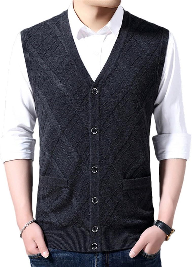 Men's Wool Knit Vest Sleeveless Cardigan Sweater Autumn Winter Button Up Warm Casual Vest with Pockets