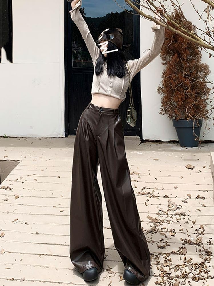 Finta Pelle Pantaloni per Donna Plissettati Vita Alta Primavera Abito Gamba Larga Pantaloni