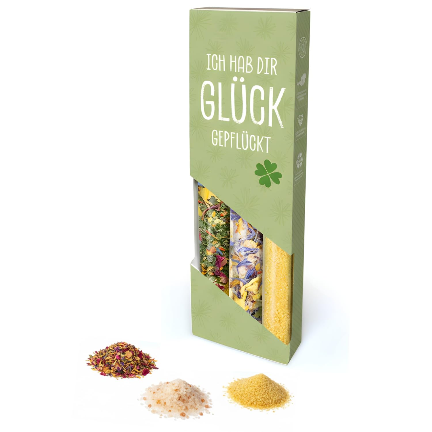 3er Set Gewürze „Ich hab dir Glück gepflückt“, Blütenmischung, Blütensalz & Zitronen Ingwer Salz im Glaszylinder – Feinkost Gewürzset, Geschenkidee zum Geburtstag, als Mitbringsel oder Gastgeschenk