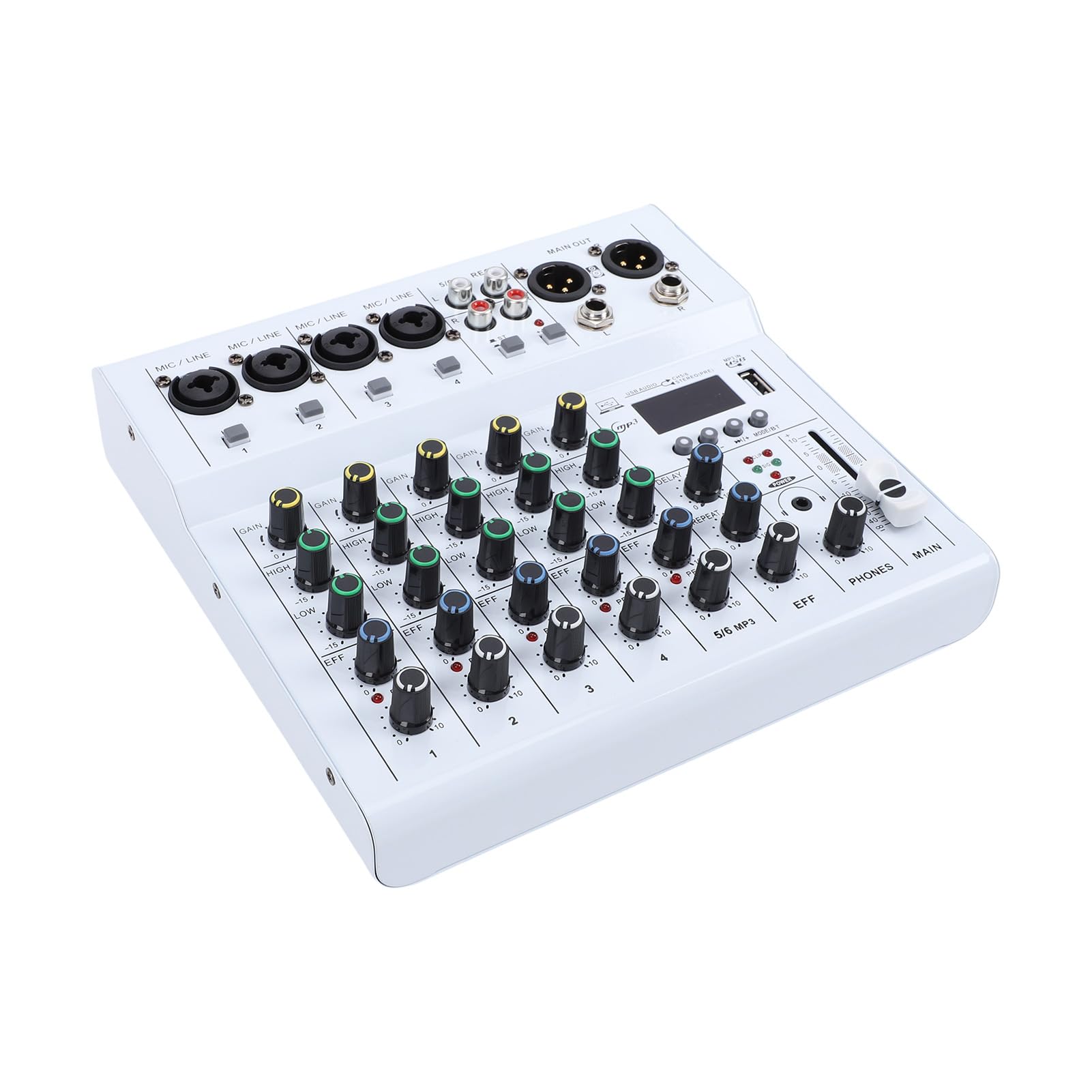 RiToEasysports 6-kanałowa Mini Konsola Miksująca, Zasilanie Phantom 48 V, Wbudowany Wzmacniacz Gitarowy, Odtwarzacz MP3 BT, Przenośny Mikser Dźwięku z Procesorem Efektów i komputerową kartą (WHITE)