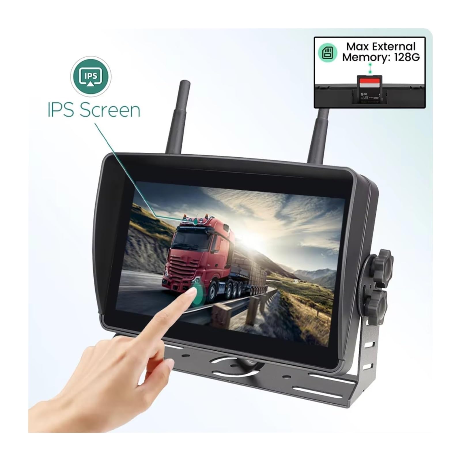 Cámara Visión Nocturna Infrarroja DVR Pantalla Táctil Inalámbrica Digital AHD 7'' 4 Canales Monitor WiFi para Camión Remolque Autobús Cámara de Respaldo(Side and Rear Camera,128G)
