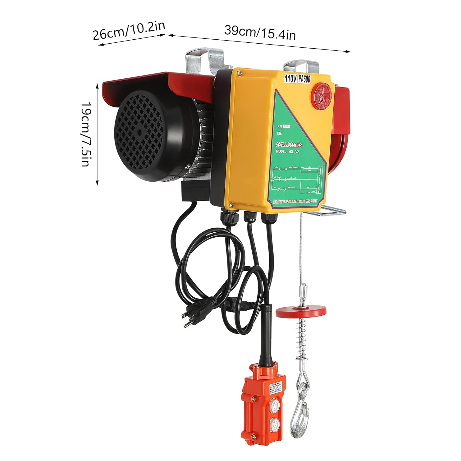 Dimensions of the QQDETRR PA600 Electric Hoist: 26cm width, 19cm height, 39cm length.