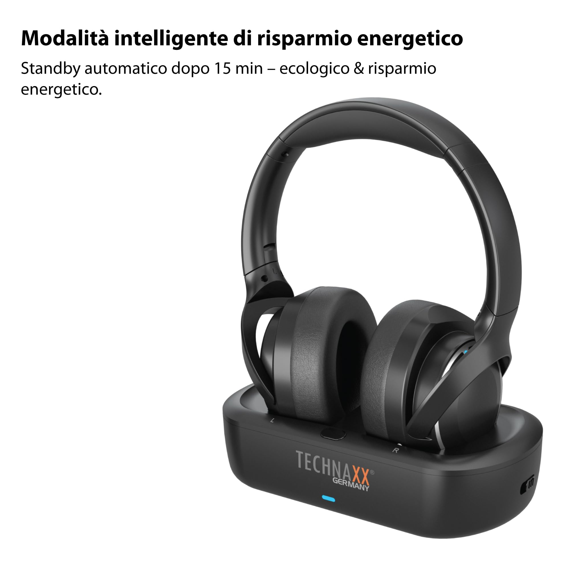 Technaxx Cuffie TV wireless con base di ricarica – Cuffie Bluetooth 5.4 Over-Ear con microfono, 30h autonomia, USB-C, ingresso ottico e AUX – Ideali per TV, anziani e musica - TX-350