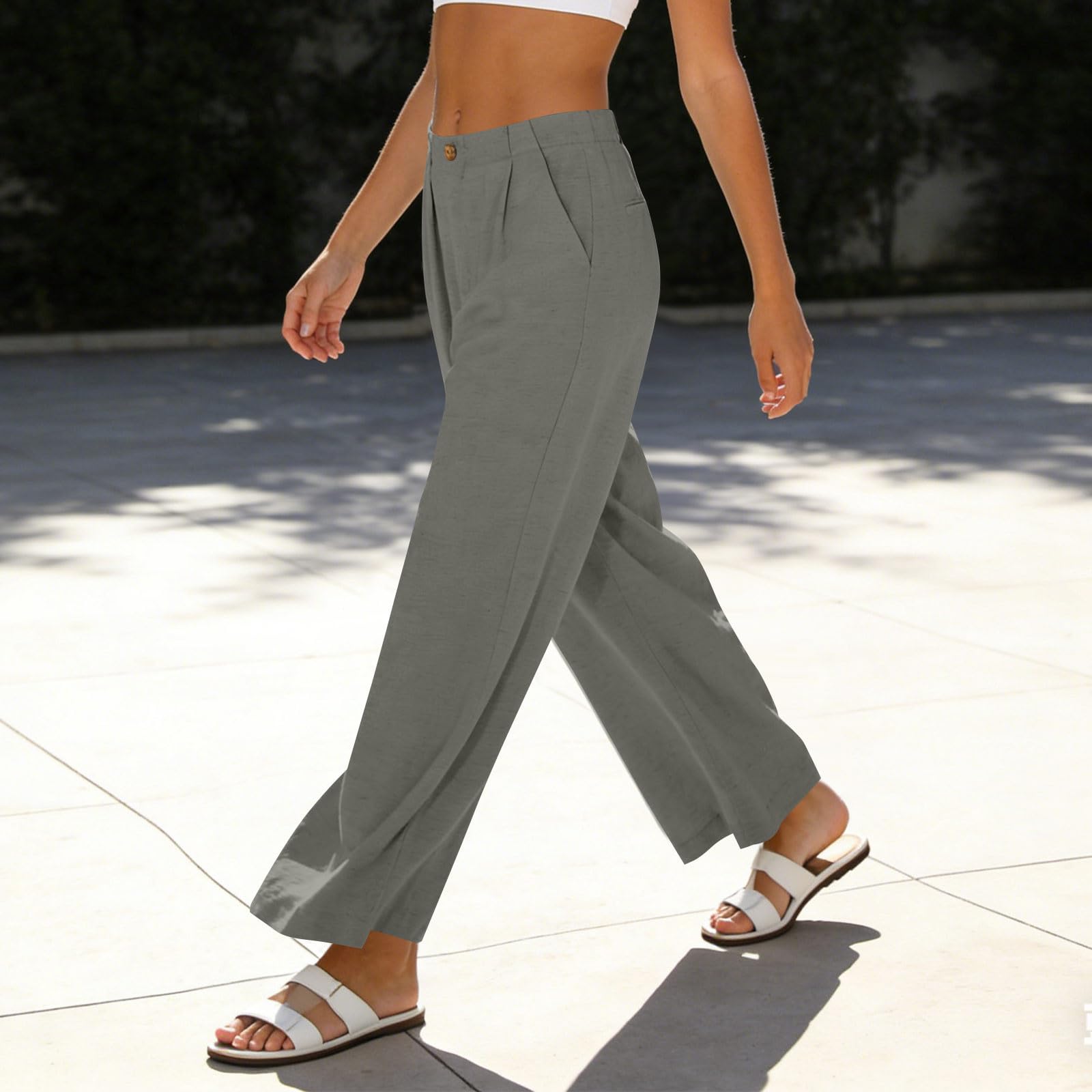 AACH Leinenhose Damen Sommer Stoffhose Lang Weites Bein Hose Einfarbig Leicht Sommerhose Musselin Gerade Geschnitten Hosen Knöpfen Reißverschluss Freizeithose mit Taschen Anzughose - 3