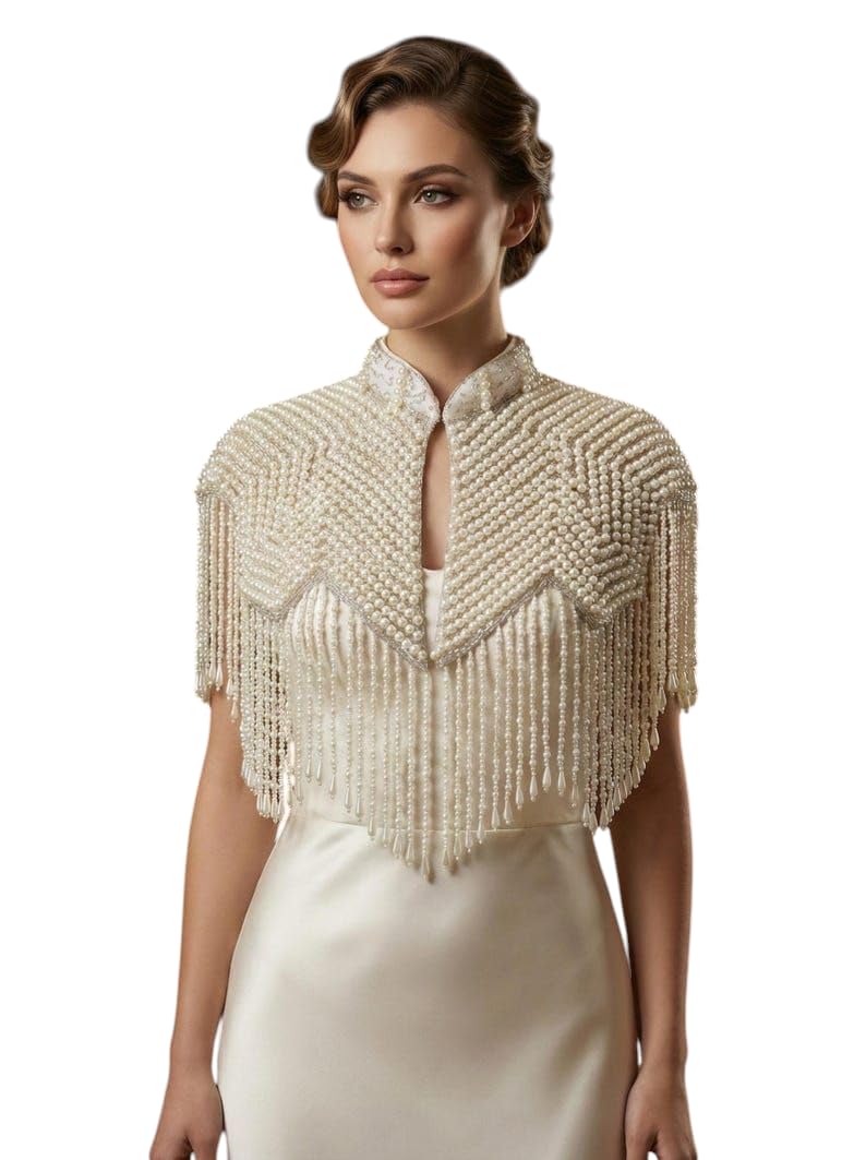Antique Net Hand Embroidered Pearl Cape for Women, Fringe Detail Ivory Beaded Shoulder Wrap-image-35