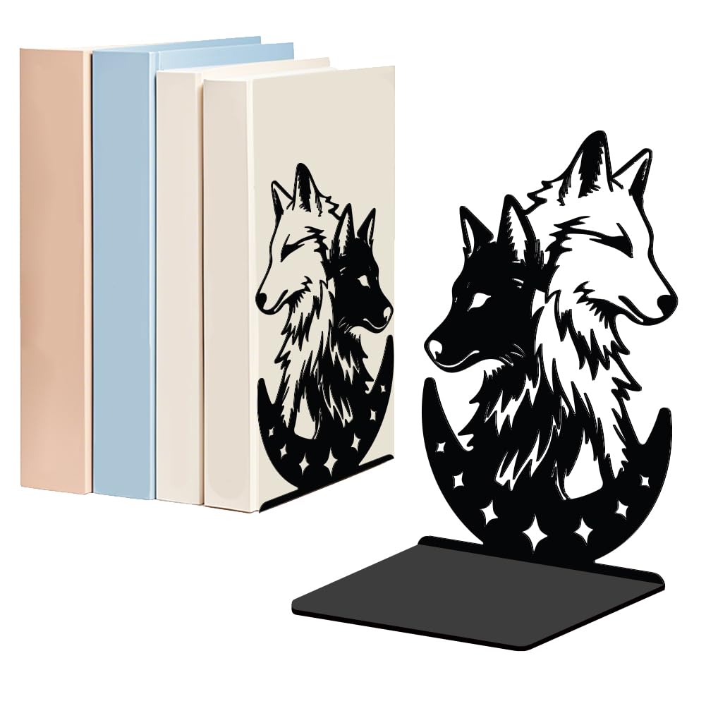 WADORN 1 Pair Wolf Moon Metal Bookends for Shelves Decorative, Wild Wolf Head Heavy Duty Metal Decorative Book Ends Non-Skid Black L-Shaped Book Stopper for Library Home Office Desk, 5.3x4.3x7.9 Inch