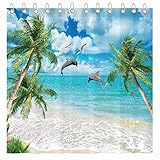 Funnytree Summer Tropical Beach Shower Curtain Set with Hooks Dolphin Seaside Island Palm Blue Sea...
