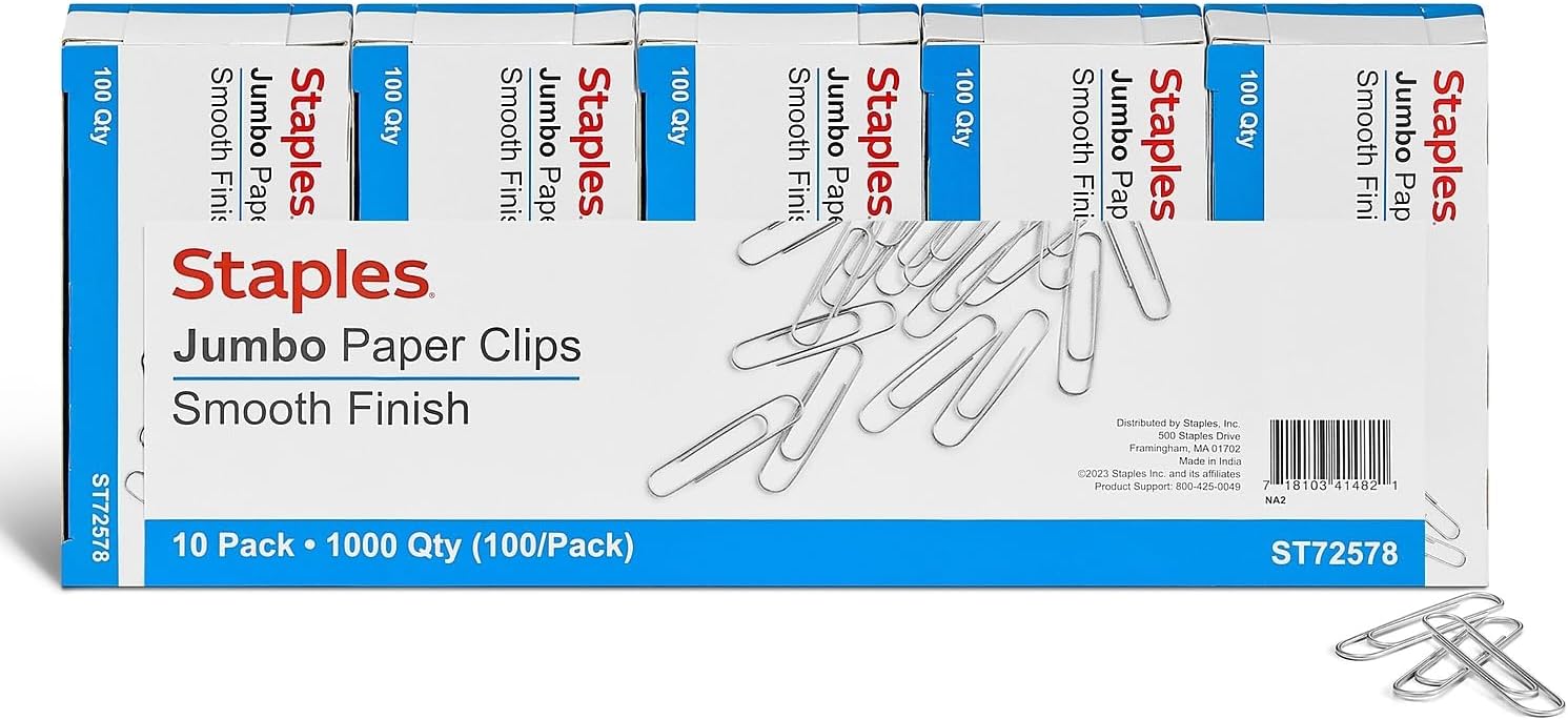 Staples Paper Clips, 1.75 Inch, Heavy-Duty Jumbo Smooth Paperclips for Office, School, Personal Use, 1,000-Pack, Silver Staples Paper Clips, 1.75 Inch, Heavy-Duty Jumbo Smooth Paperclips for Office, School, Personal Use, 1,000-Pack, Silver
