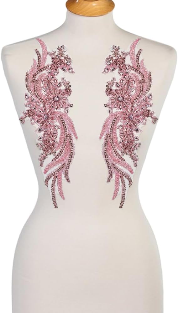 3Pair Rhinestone Applique Lace Patches Pink Embroidered Sequin Handmade Patches Floral Sewing Shiny Beads Trim Applique for Crafts Sewing Clothes Bride Dresses Decoration