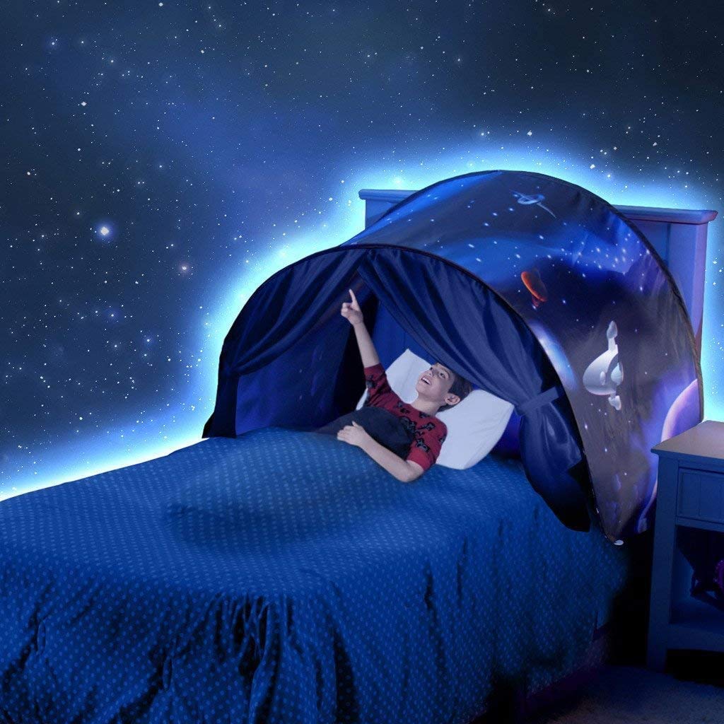Dream Tents Unisex - Tenda da letto per bambini Pop Up con LED, tunnel pieghevole, gioco con luce, regalo di compleanno di Natale (passeggiata nello spazio)