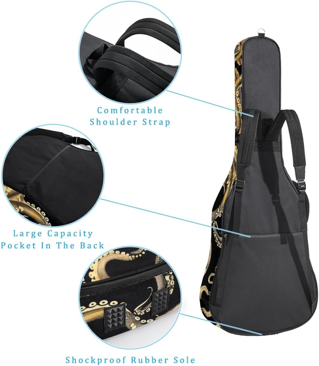 Acoustic Guitar Bag 0.4 Inch Thick Padding Waterproof Guitar Case Gig Bag for 40 41 42 Inch Electric Bass Classical Guitar, Octopus Yellow Pattern