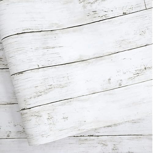 Abyssaly White Grey Wood Self Adhesive Paper 17.71 in X 32.8 Ft Removable Wood Peel and Stick Wallpaper Decorative Wall Covering Vintage Wood Panel Interior Film