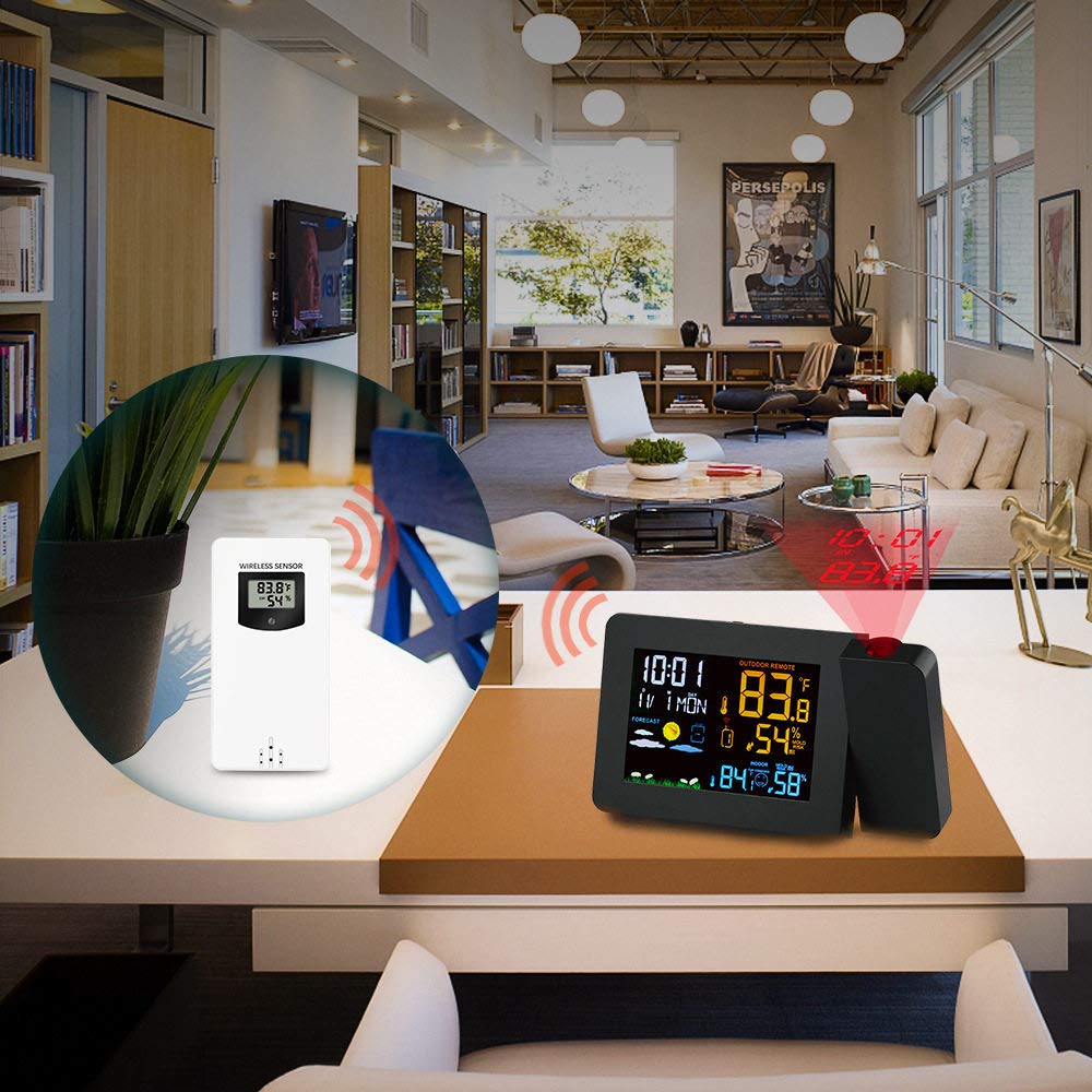 Projectiewekker met buitensensor, persoonlijk weerstation voor slaapkamer, gekleurde achtergrondverlichting, projector dimbare klok dubbele alarmen LCD-scherm datum tijd temperatuur vochtigh