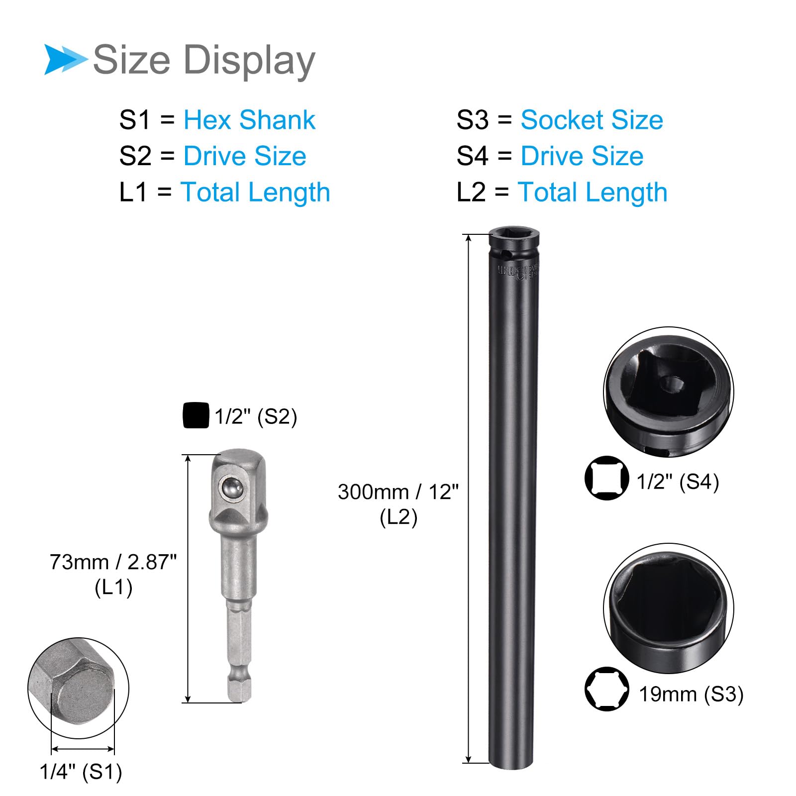 CoCud 19mm Socket Set, 12" Length, 1/2" Drive, 6-Point Hex Socket, Chrome Vanadium Steel, For Electric Hand Drill Screwdriver, Automotive & Mechanical Repairs - Image 2
