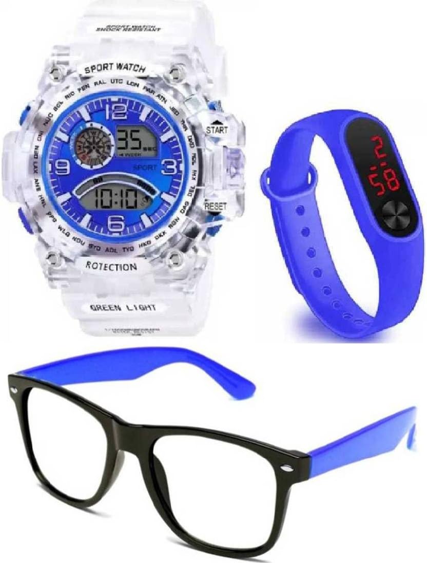 GIFFEMANS Dial Multi-Functional White Transparent Strap Waterproof Automatic Watch with White Color Led Band DigitalCombo Watch for Boys and Girls (Gold) (Blue) (B0CNT4DYKL) Amazon Price History, Amazon Price Tracker