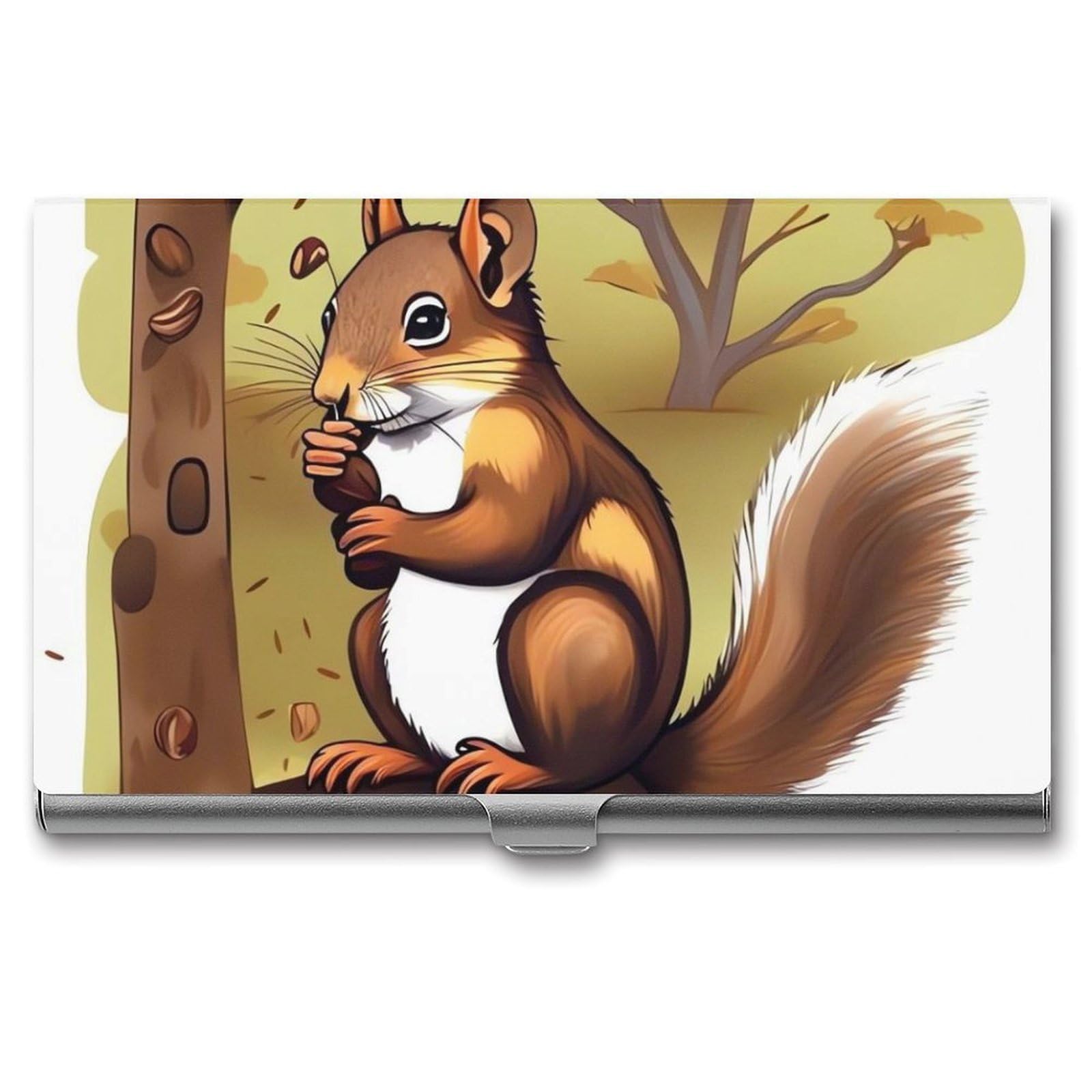 Btcowzrv Men's Style Nut-Eating Squirrel Business Card Holder Metal Slim Business Card Case, Pocket Card Holder For Wo Purse Name Card Holder Stainless Steel Wallet Credit Id Case For Office