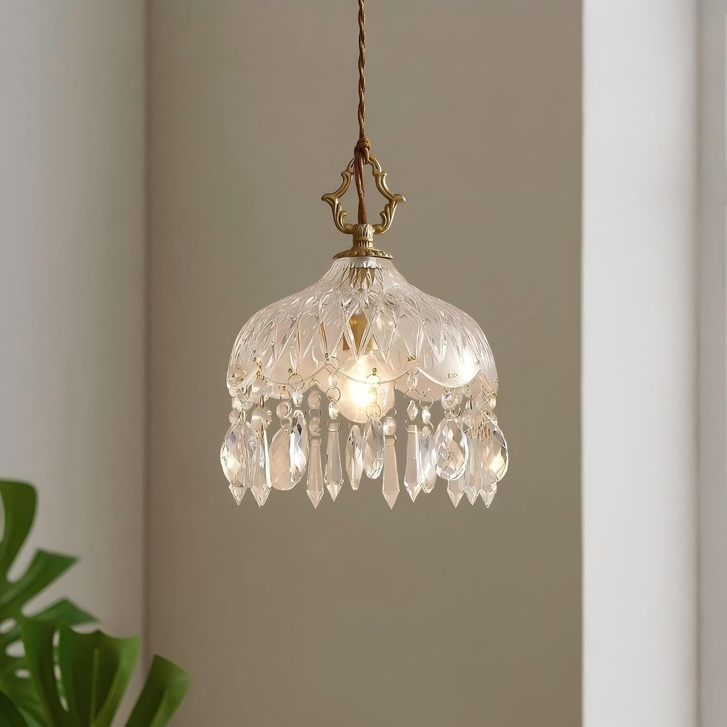 LIGHTLAND 8 Inch Vintage Crystal Chandelier, Crystal Dome Pendant Light, Chandelier for Bedroom, Hallway, Balcony, Bedside, Bar