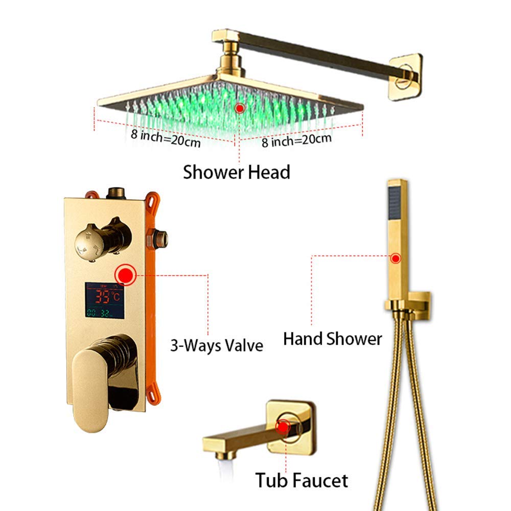 Set Doccia Combinato con Miscelatore a Pioggia Dorato e Display Digitale, Rubinetto Doccia a Parete per Bagno con soffione, doccetta a Mano e Bocca di erogazione per,8 Inches