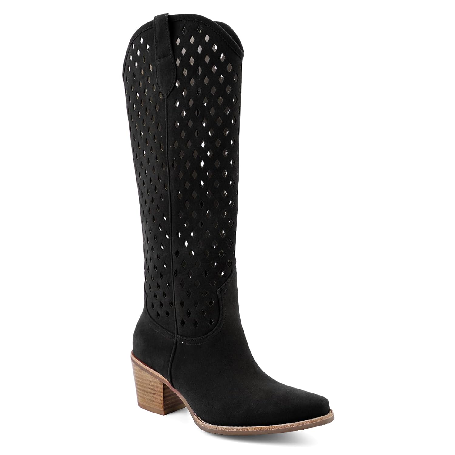 Cowboy Knee High Boots Cutouts Chunky Block Stacked Heel Western Cowgirl Tall Boot for Women Pointed Toe Fashion