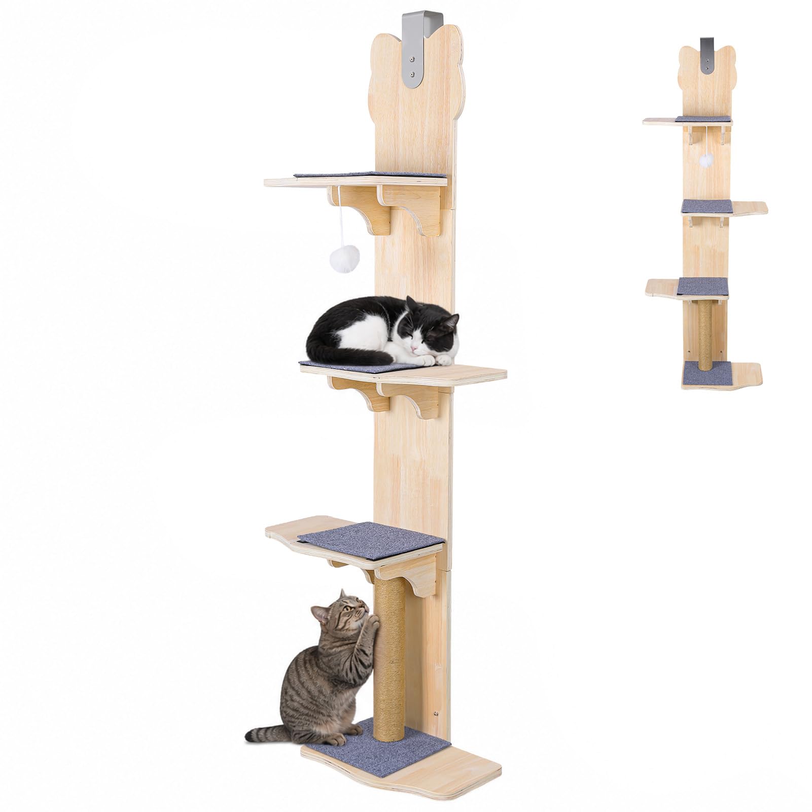 4-Tier Door Hanging Cat Shelves, 150cm Wooden Cat Tree for Indoor Cats