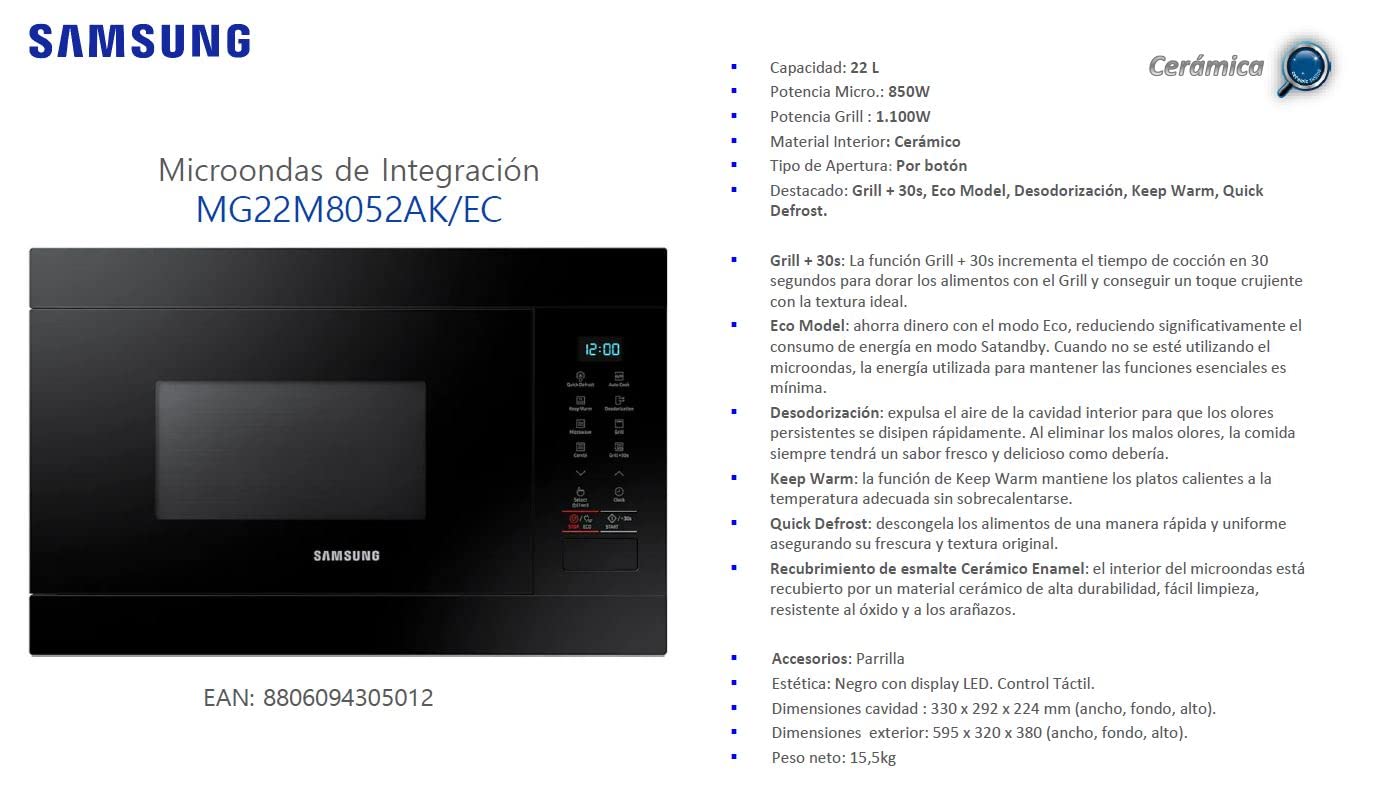Samsung MG22M8254AK/E1 Micro-ondes d'intégration 22L 850W/Grill 1100W Noir